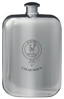 Colquhoun Family Crest Design Pocket Hip Flask 6oz Rounded Polished Pewter