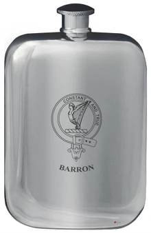 Barron Family Crest Design Pocket Hip Flask 6oz Rounded Polished Pewter