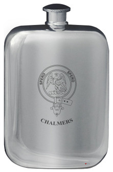 Chalmers Family Crest Design Pocket Hip Flask 6oz Rounded Polished Pewter