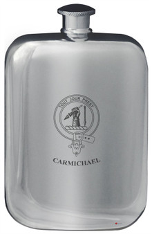 Carmichael Family Crest Design Pocket Hip Flask 6oz Rounded Polished Pewter