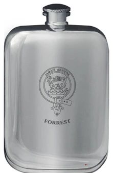 Forrest Family Crest Design Pocket Hip Flask 6oz Rounded Polished Pewter