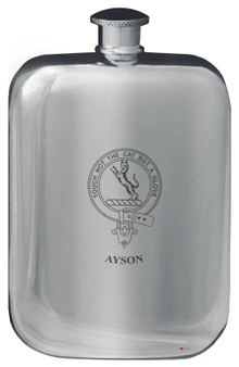 Ayson Family Crest Design Pocket Hip Flask 6oz Rounded Polished Pewter