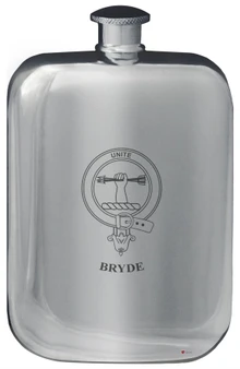 Bryde Family Crest Design Pocket Hip Flask 6oz Rounded Polished Pewter