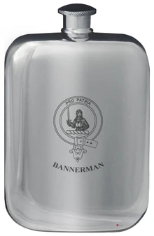 Bannerman Family Crest Design Pocket Hip Flask 6oz Rounded Polished Pewter