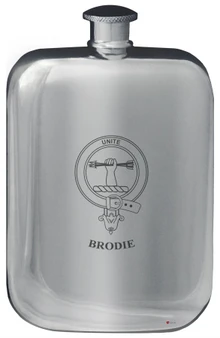 Brodie Family Crest Design Pocket Hip Flask 6oz Rounded Polished Pewter