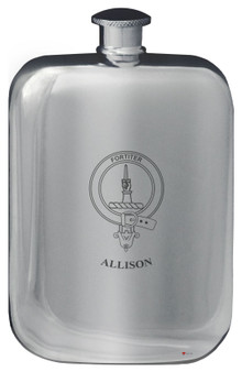 Allison Family Crest Design Pocket Hip Flask 6oz Rounded Polished Pewter