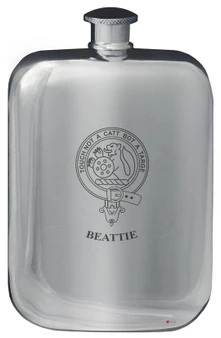Beattie Family Crest Design Pocket Hip Flask 6oz Rounded Polished Pewter