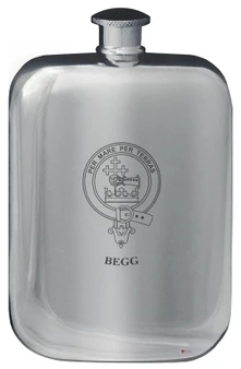Begg Family Crest Design Pocket Hip Flask 6oz Rounded Polished Pewter