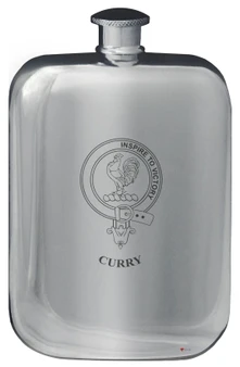 Curry Family Crest Design Pocket Hip Flask 6oz Rounded Polished Pewter
