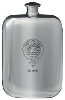 Dowe Family Crest Design Pocket Hip Flask 6oz Rounded Polished Pewter