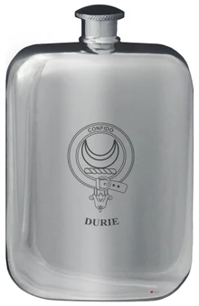 Durie Family Crest Design Pocket Hip Flask 6oz Rounded Polished Pewter