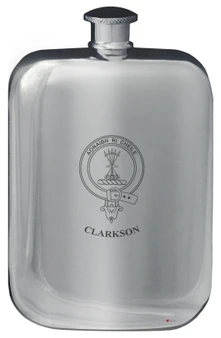 Clarkson Family Crest Design Pocket Hip Flask 6oz Rounded Polished Pewter
