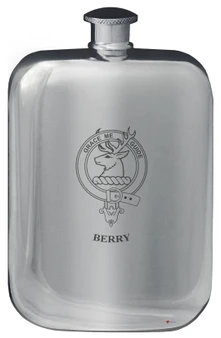 Berry Family Crest Design Pocket Hip Flask 6oz Rounded Polished Pewter