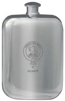 Agnew Family Crest Design Pocket Hip Flask 6oz Rounded Polished Pewter