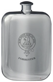 Forrester Family Crest Design Pocket Hip Flask 6oz Rounded Polished Pewter