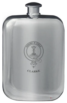 Clarke Family Crest Design Pocket Hip Flask 6oz Rounded Polished Pewter
