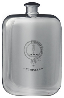 Auchinleck Family Crest Design Pocket Hip Flask 6oz Rounded Polished Pewter