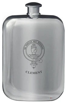 Clement Family Crest Design Pocket Hip Flask 6oz Rounded Polished Pewter