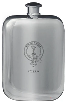 Clerk Family Crest Design Pocket Hip Flask 6oz Rounded Polished Pewter