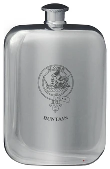 Buntain Family Crest Design Pocket Hip Flask 6oz Rounded Polished Pewter