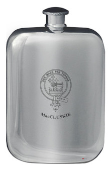 MacCluskie Family Crest Design Pocket Hip Flask 6oz Rounded Polished Pewter