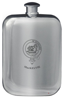 MacKelvie Family Crest Design Pocket Hip Flask 6oz Rounded Polished Pewter