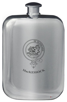 MacKessock Family Crest Design Pocket Hip Flask 6oz Rounded Polished Pewter