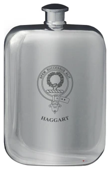 Haggart Family Crest Design Pocket Hip Flask 6oz Rounded Polished Pewter