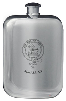 MacAllan Family Crest Design Pocket Hip Flask 6oz Rounded Polished Pewter