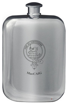 MacCaig Family Crest Design Pocket Hip Flask 6oz Rounded Polished Pewter