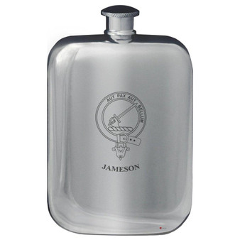 Jameson Family Crest Design Pocket Hip Flask 6oz Rounded Polished Pewter