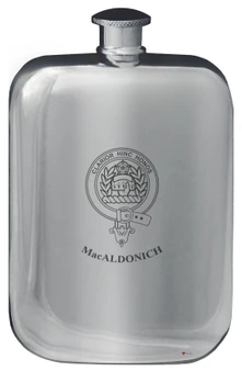 MacAldonich Family Crest Design Pocket Hip Flask 6oz Rounded Polished Pewter