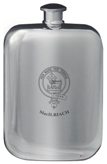 MacIlriach Family Crest Design Pocket Hip Flask 6oz Rounded Polished Pewter