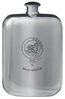 MacCarter Family Crest Design Pocket Hip Flask 6oz Rounded Polished Pewter