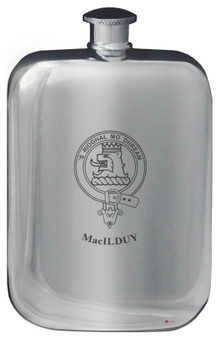 MacIlduy Family Crest Design Pocket Hip Flask 6oz Rounded Polished Pewter