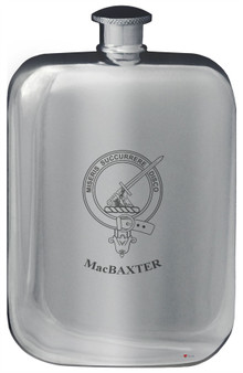 MacBaxter Family Crest Design Pocket Hip Flask 6oz Rounded Polished Pewter