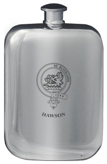 Hawson Family Crest Design Pocket Hip Flask 6oz Rounded Polished Pewter