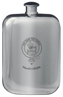 MacIlvride Family Crest Design Pocket Hip Flask 6oz Rounded Polished Pewter