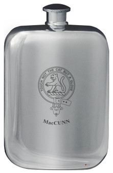 MacCunn Family Crest Design Pocket Hip Flask 6oz Rounded Polished Pewter