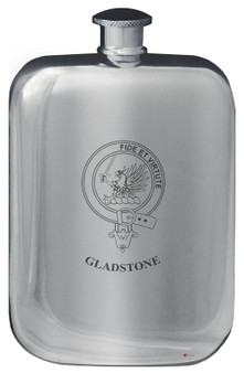 Gladstone Family Crest Design Pocket Hip Flask 6oz Rounded Polished Pewter