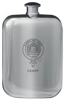 Lenny Family Crest Design Pocket Hip Flask 6oz Rounded Polished Pewter