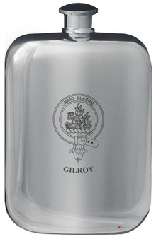 Gilroy Family Crest Design Pocket Hip Flask 6oz Rounded Polished Pewter