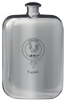 Laing Family Crest Design Pocket Hip Flask 6oz Rounded Polished Pewter