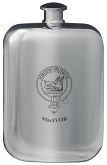 MacIvor Family Crest Design Pocket Hip Flask 6oz Rounded Polished Pewter