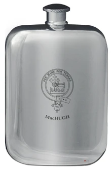 MacHugh Family Crest Design Pocket Hip Flask 6oz Rounded Polished Pewter