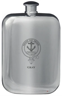 Gray Family Crest Design Pocket Hip Flask 6oz Rounded Polished Pewter
