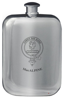 MacAlpine Family Crest Design Pocket Hip Flask 6oz Rounded Polished Pewter