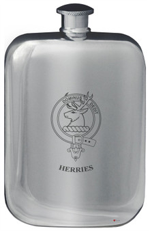 Herries Family Crest Design Pocket Hip Flask 6oz Rounded Polished Pewter