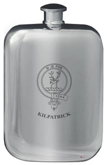 Kilpatrick Family Crest Design Pocket Hip Flask 6oz Rounded Polished Pewter