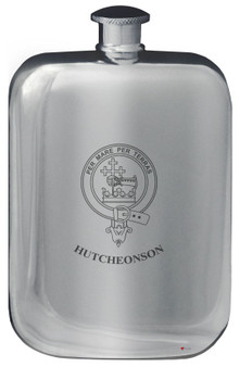 Hutcheonson Family Crest Design Pocket Hip Flask 6oz Rounded Polished Pewter